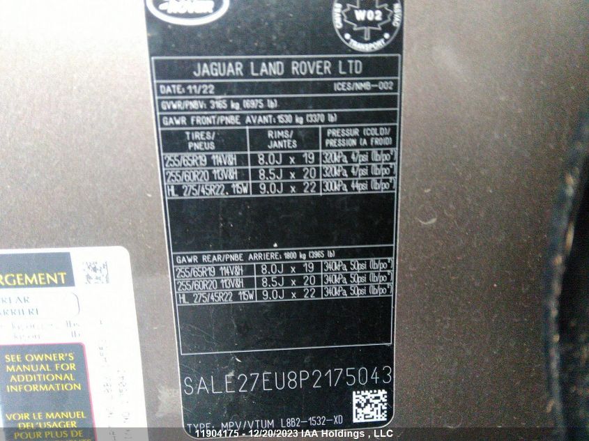 2023 Land Rover Defender VIN: SALE27EU8P2175043 Lot: 11904175