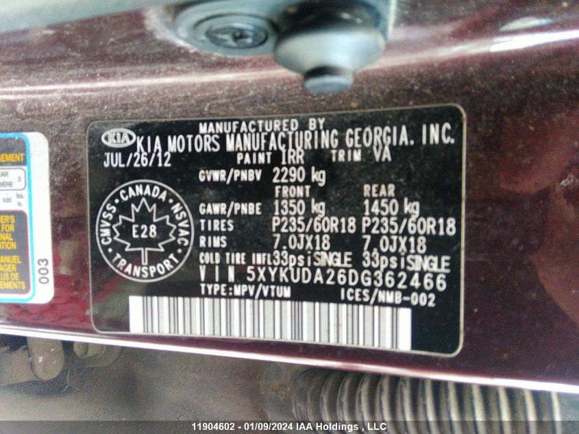 2013 Kia Sorento VIN: 5XYKUDA26DG362466 Lot: 11904602