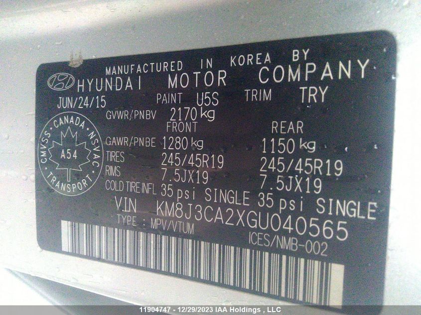2016 Hyundai Tucson VIN: KM8J3CA2XGU040565 Lot: 11904747