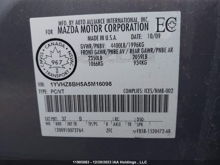 2010 Mazda 6 I VIN: 1YVHZ8BH5A5M16098 Lot: 11905083