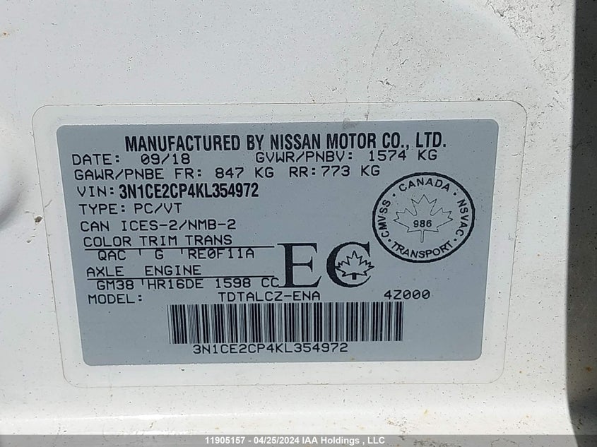 2019 Nissan Versa Note VIN: 3N1CE2CP4KL354972 Lot: 11905157