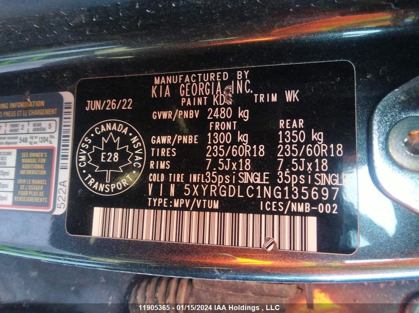 2022 Kia Sorento VIN: 5XYRGDLC1NG135697 Lot: 11905365