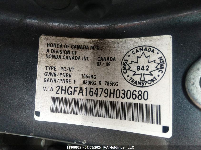 2009 Honda Civic Sdn VIN: 2HGFA16479H030680 Lot: 11906627