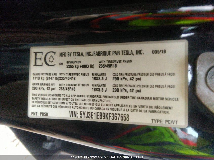2019 Tesla Model 3 VIN: 5YJ3E1EB9KF367658 Lot: 11907139