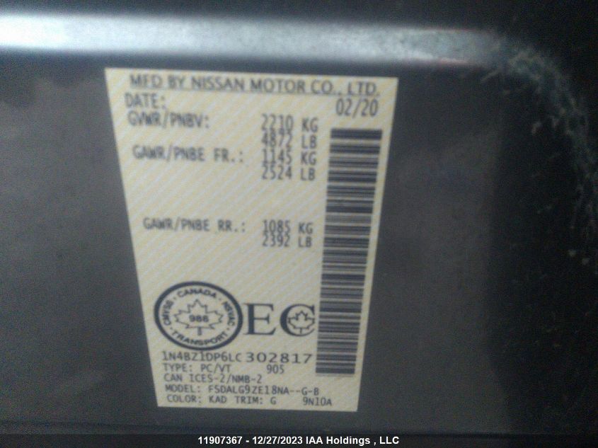 2020 Nissan Leaf VIN: 1N4BZ1DP6LC302817 Lot: 46918394