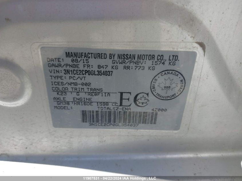 2016 Nissan Versa Note VIN: 3N1CE2CP0GL354037 Lot: 11907531