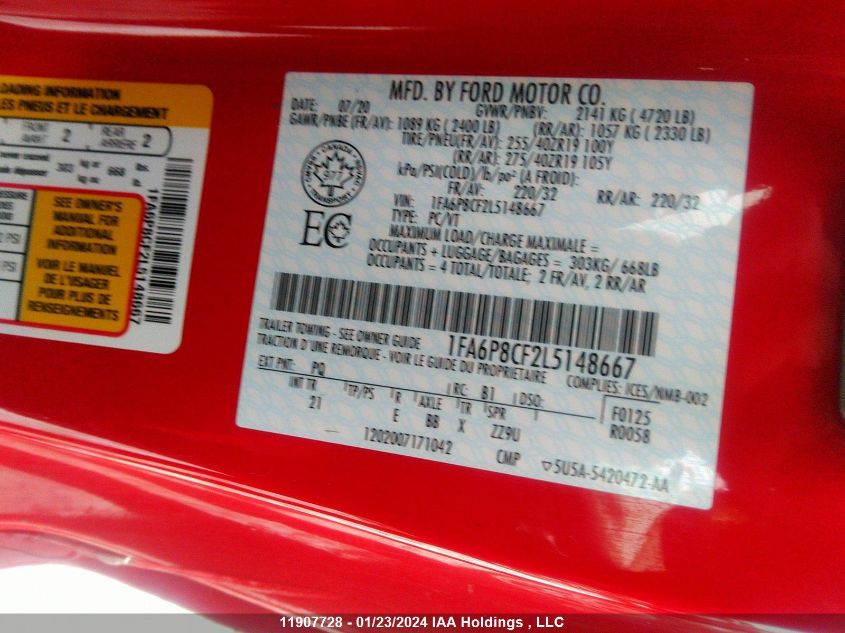2020 Ford Mustang Gt VIN: 1FA6P8CF2L5148667 Lot: 11907728