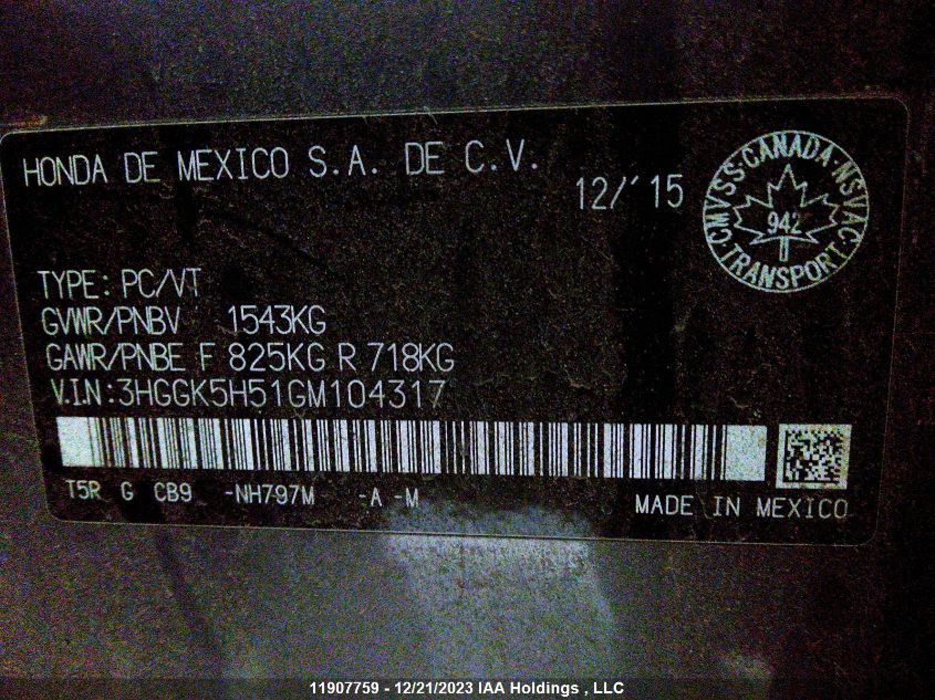 2016 Honda Fit VIN: 3HGGK5H51GM104317 Lot: 11907759
