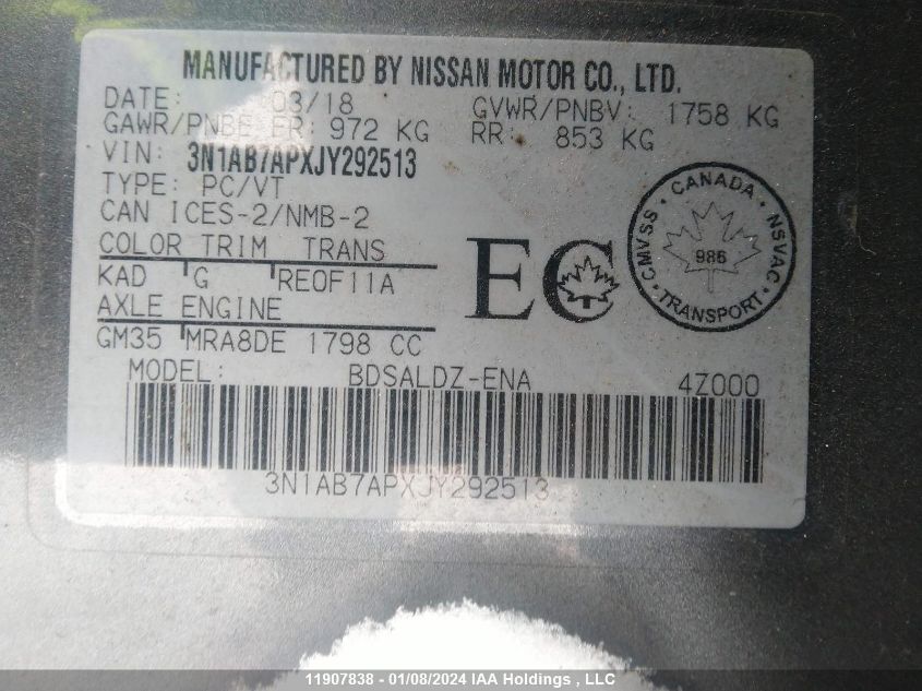 2018 Nissan Sentra VIN: 3N1AB7APXJY292513 Lot: 11907838