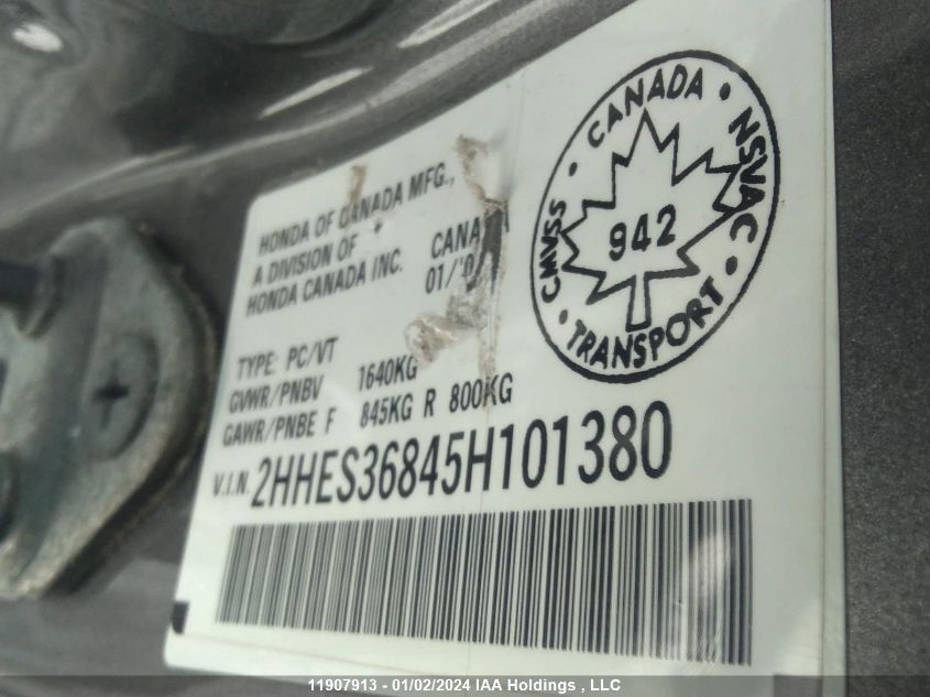 2005 Acura El VIN: 2HHES36845H101380 Lot: 11907913