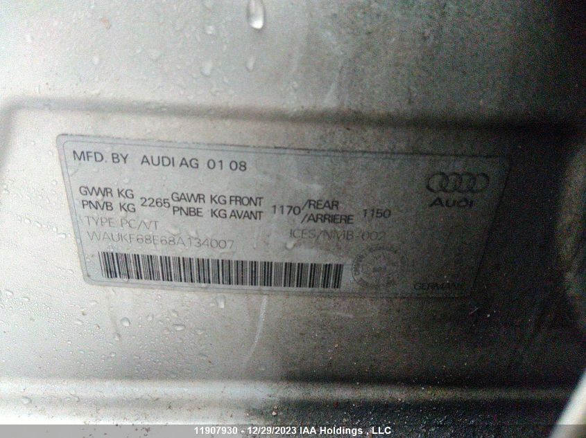 2008 Audi A4 VIN: WAUKF68E68A134007 Lot: 11907930