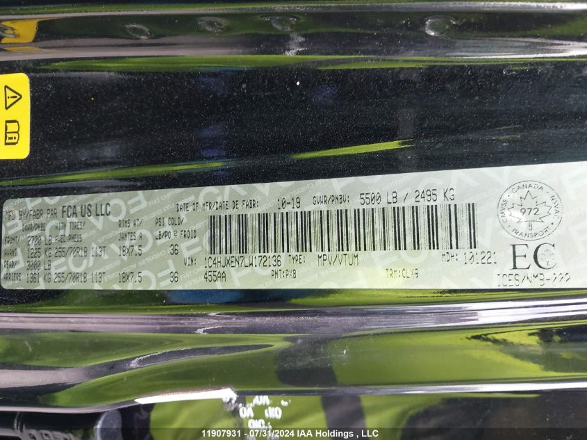 2020 Jeep Wrangler Unlimited Sahara VIN: 1C4HJXEN7LW172136 Lot: 11907931