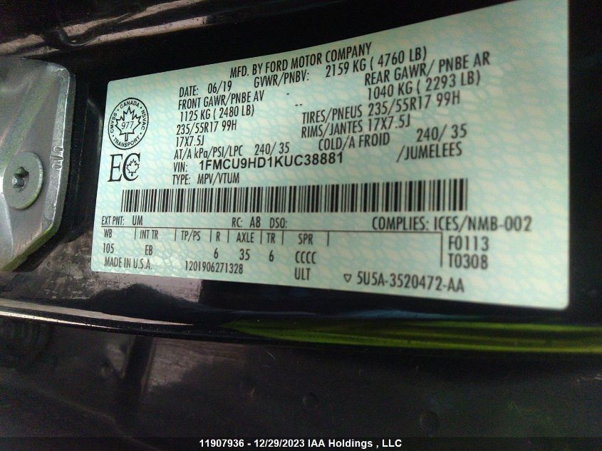 1FMCU9HD1KUC38881 2019 Ford Escape Sel