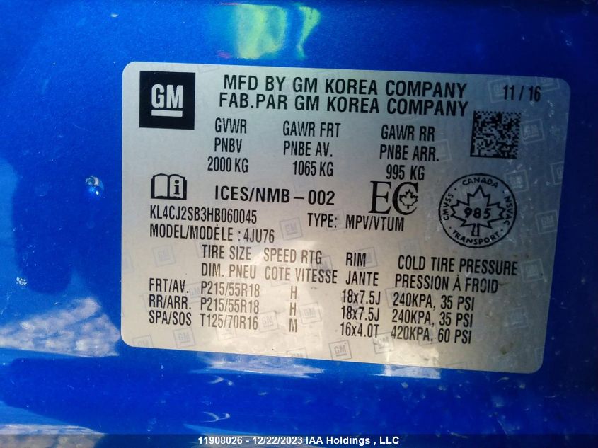 2017 Buick Encore VIN: KL4CJ2SB3HB060045 Lot: 11908026