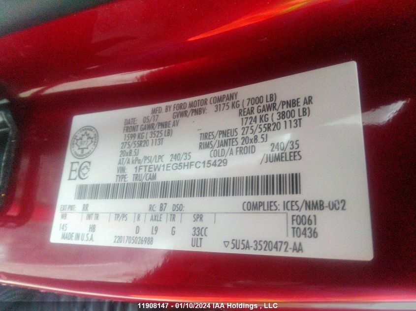 2017 Ford F-150 Lariat VIN: 1FTEW1EG5HFC15429 Lot: 11908147