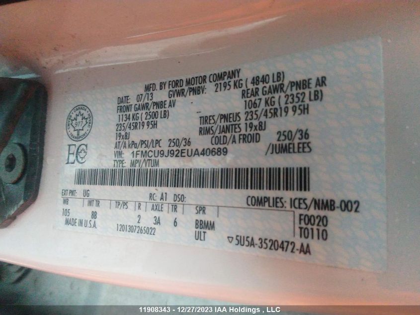 1FMCU9J92EUA40689 2014 Ford Escape Titanium