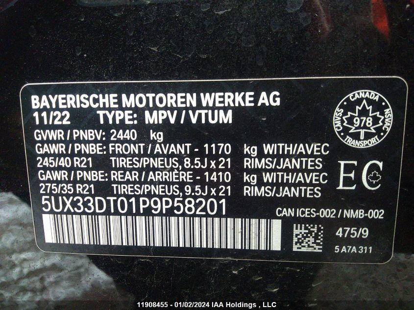 2023 BMW X4 VIN: 5UX33DT01P9P58201 Lot: 11908455