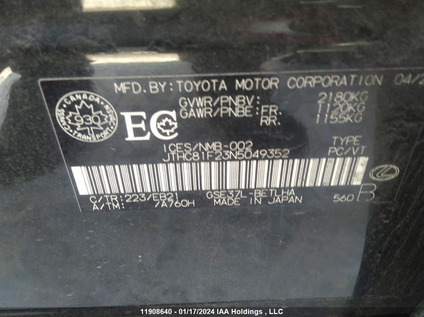 2022 Lexus Is 300 300 VIN: JTHC81F23N5049352 Lot: 11908640