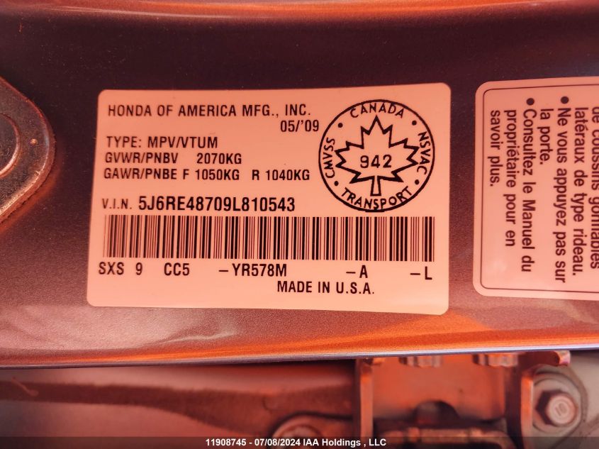 2009 Honda Cr-V VIN: 5J6RE48709L810543 Lot: 11908745