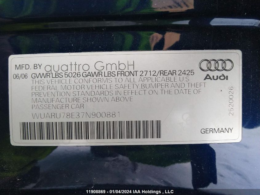 WUARU78E37N900881 2007 Audi Rs4 Quattro