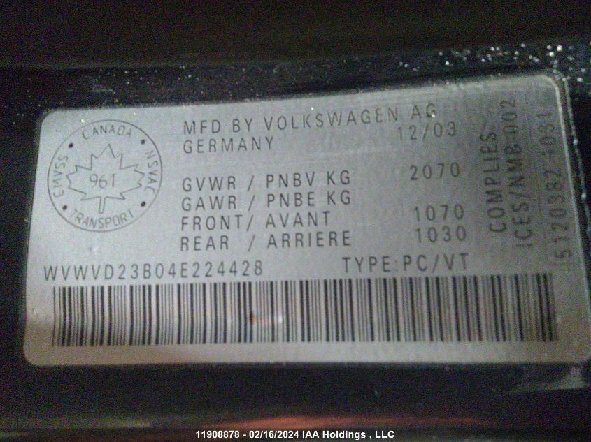 2004 Volkswagen Passat Wagon VIN: WVWVD23B04E224428 Lot: 11908878