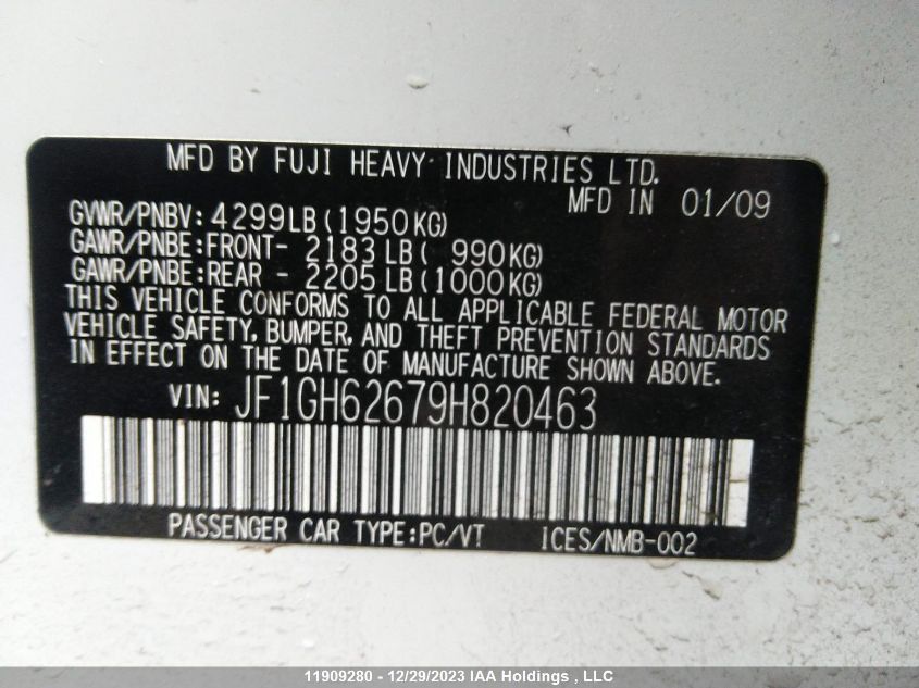 2009 Subaru Impreza VIN: JF1GH62679H820463 Lot: 11909280