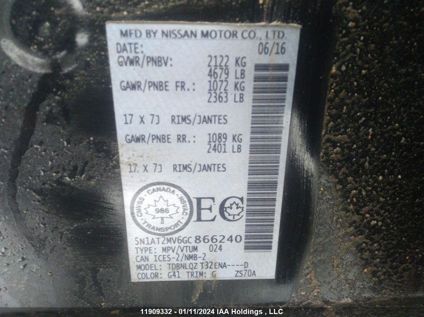 2016 Nissan Rogue VIN: 5N1AT2MV6GC866240 Lot: 11909332