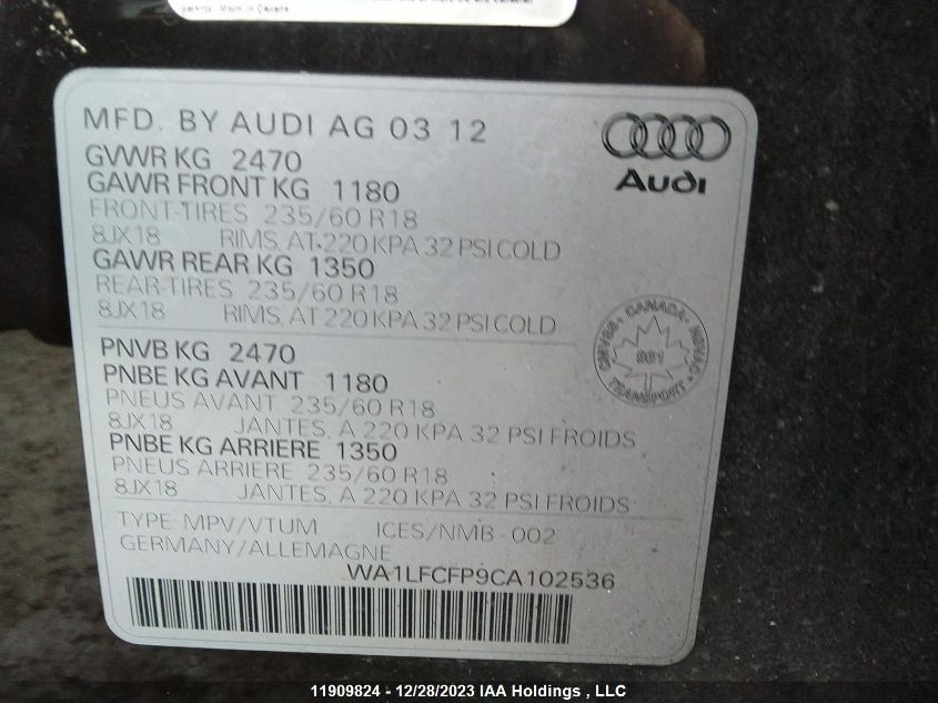 2012 Audi Q5 Premium Plus VIN: WA1LFCFP9CA102536 Lot: 11909824