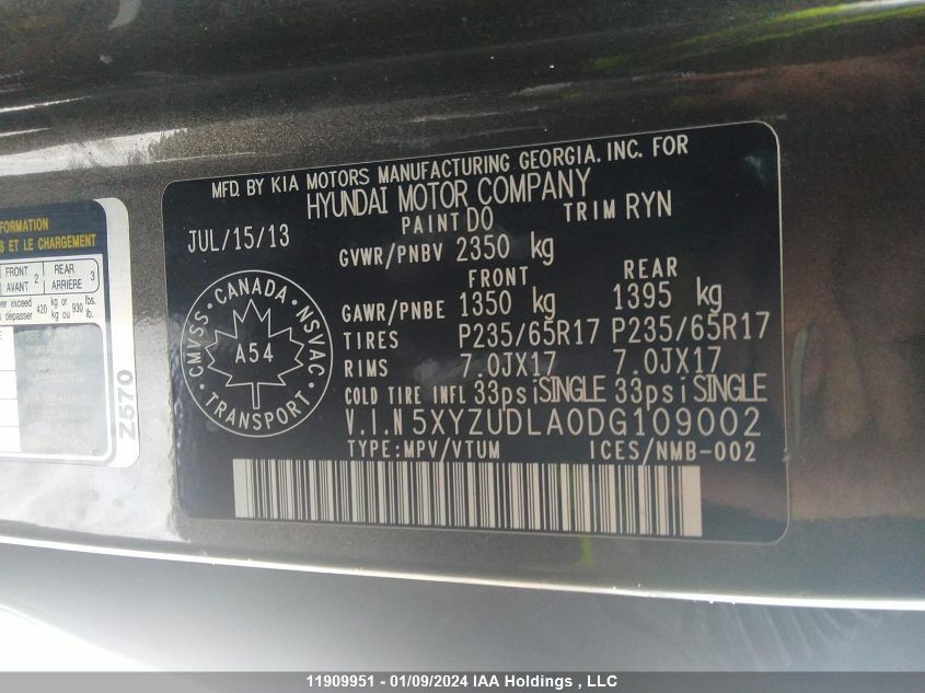 2013 Hyundai Santa Fe VIN: 5XYZUDLA0DG109002 Lot: 11909951