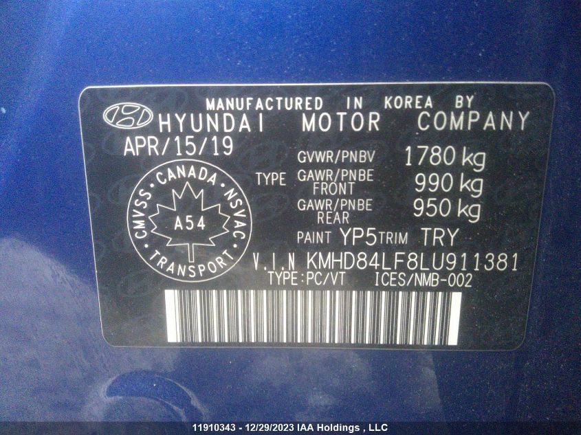 KMHD84LF8LU911381 2020 Hyundai Elantra Sel/Value/Limited