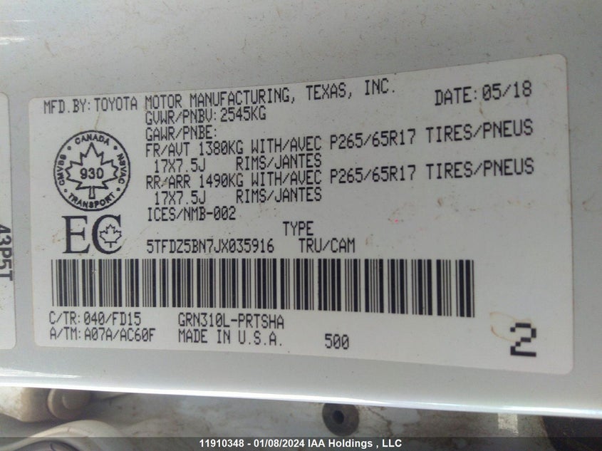 5TFDZ5BN7JX035916 2018 TOYOTA TACOMA photo no. 9