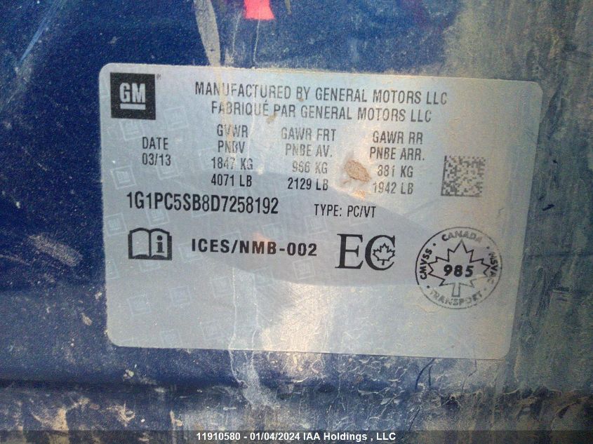 2013 Chevrolet Cruze VIN: 1G1PC5SB8D7258192 Lot: 11910580
