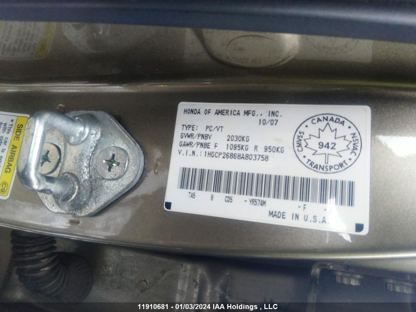 1HGCP26868A803758 2008 Honda Accord Sdn