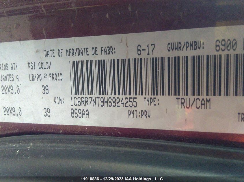2017 Ram 1500 Laramie VIN: 1C6RR7NT9HS824255 Lot: 11910886