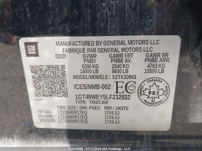 2020 GMC Sierra K3500 Denali VIN: 1GT49WEY5LF232832 Lot: 11910956