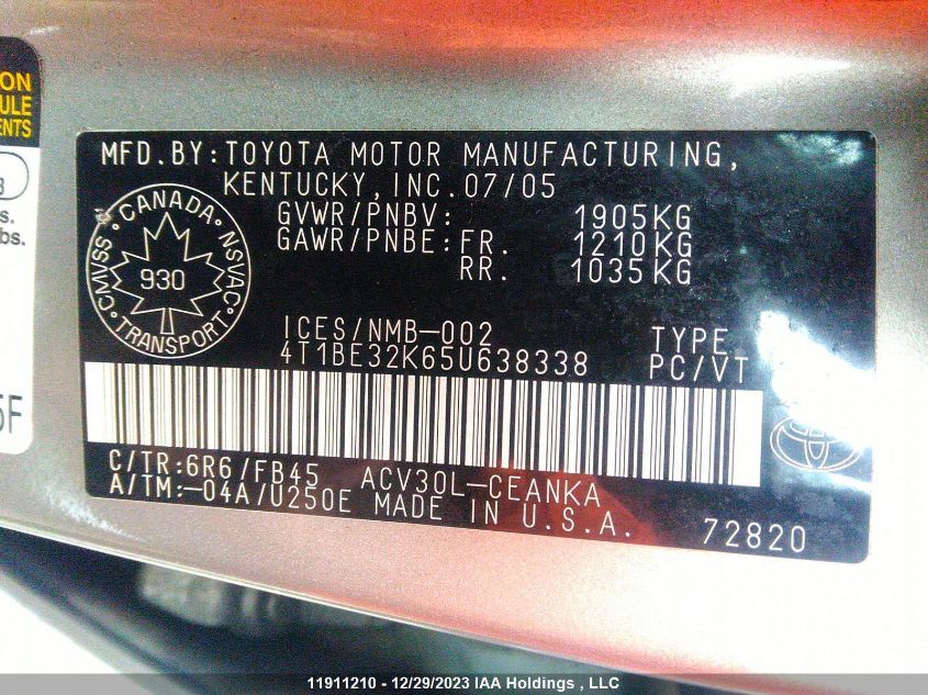 2005 Toyota Camry Le/Xle/Se VIN: 4T1BE32K65U638338 Lot: 11911210