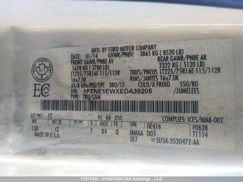 2014 Ford Econoline E150 Van VIN: 1FTNE1EWXEDA39205 Lot: 11911252