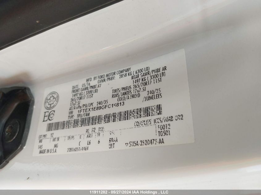 2016 Ford F150 Super Cab VIN: 1FTEX1E89GFC19813 Lot: 11911282