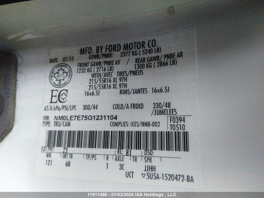 2016 Ford Transit Connect VIN: NM0LE7E75G1231104 Lot: 11911486