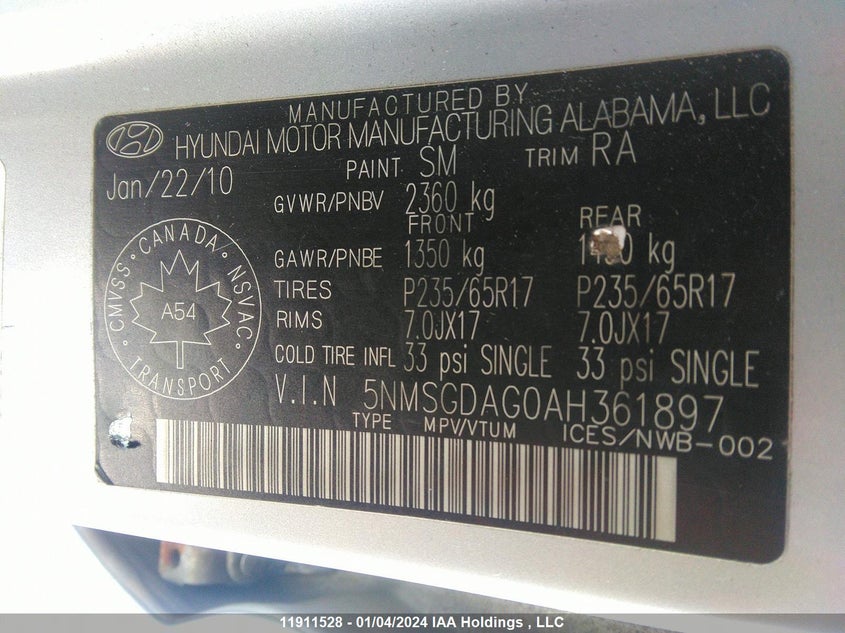 2010 Hyundai Santa Fe VIN: 5NMSGDAG0AH361897 Lot: 11911528