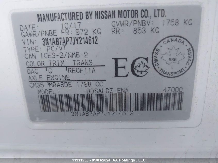 2018 Nissan Sentra VIN: 3N1AB7AP7JY214612 Lot: 11911955