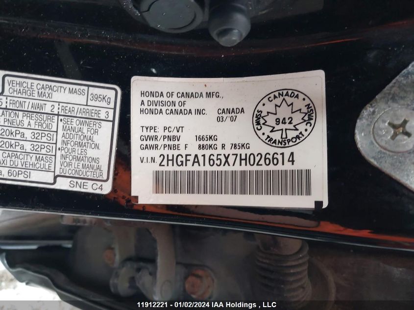 2007 Honda Civic Sdn VIN: 2HGFA165X7H026614 Lot: 11912221