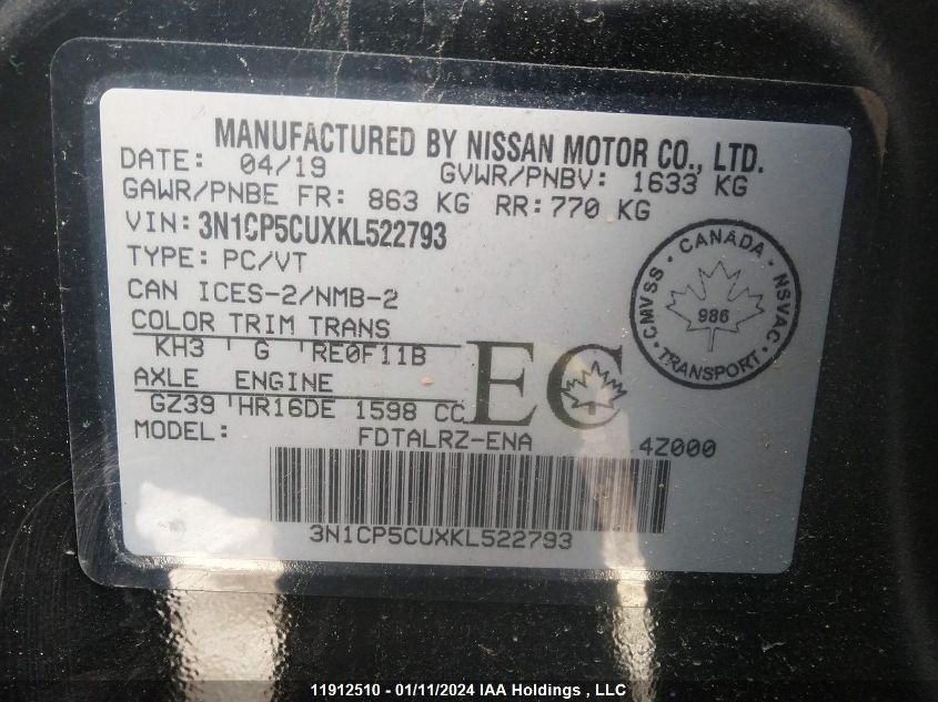 2019 Nissan Kicks VIN: 3N1CP5CUXKL522793 Lot: 11912510