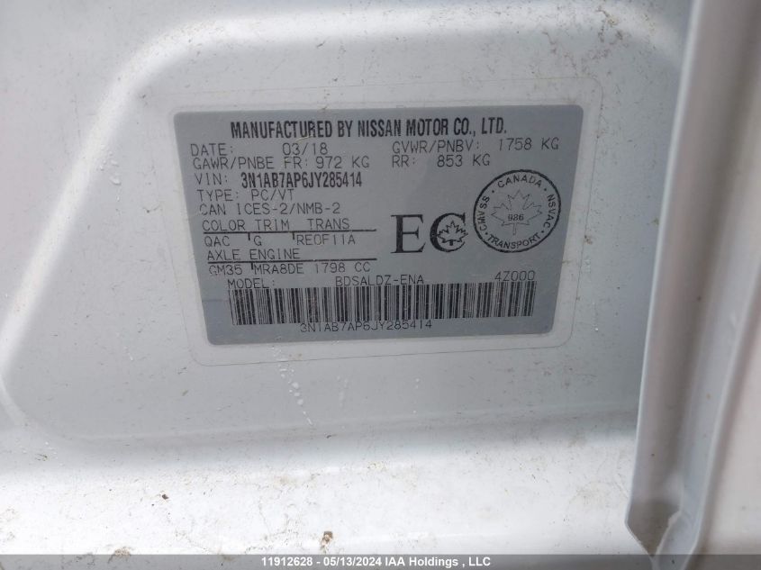 2018 Nissan Sentra S/Sv/Sr/Sl VIN: 3N1AB7AP6JY285414 Lot: 11912628