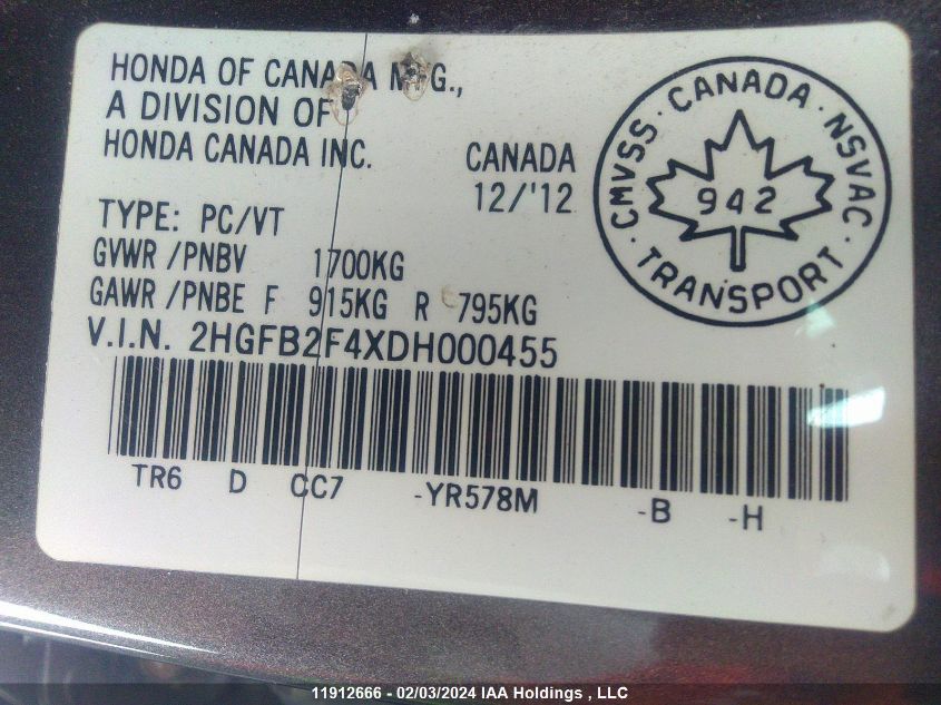 2013 Honda Civic Sdn VIN: 2HGFB2F4XDH000455 Lot: 11912666