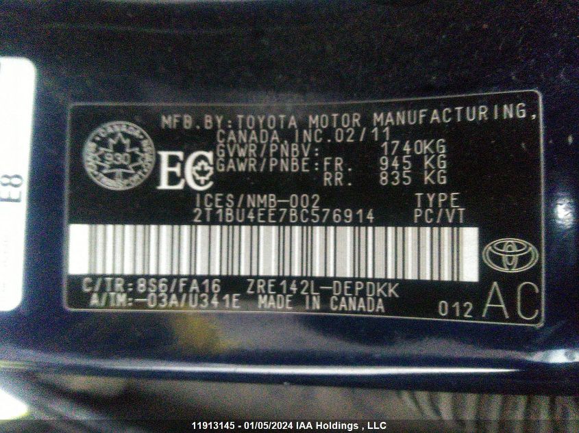 2011 Toyota Corolla S/Le VIN: 2T1BU4EE7BC576914 Lot: 11913145