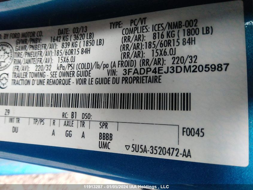 2013 Ford Fiesta VIN: 3FADP4EJ3DM205987 Lot: 11913287