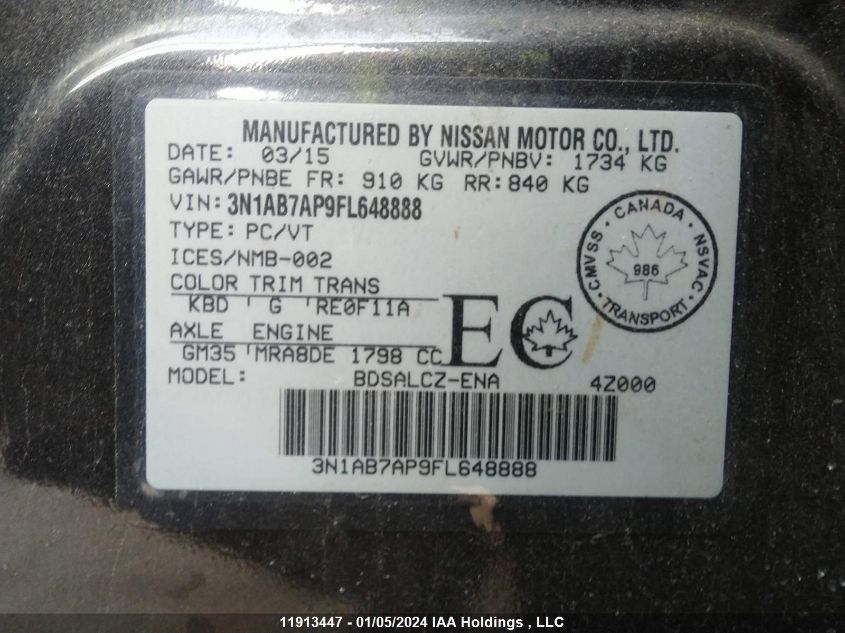 2015 Nissan Sentra VIN: 3N1AB7AP9FL648888 Lot: 51248324