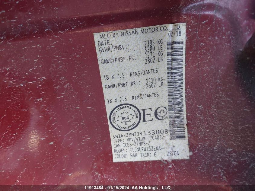 2018 Nissan Murano VIN: 5N1AZ2MH2JN133008 Lot: 11913484