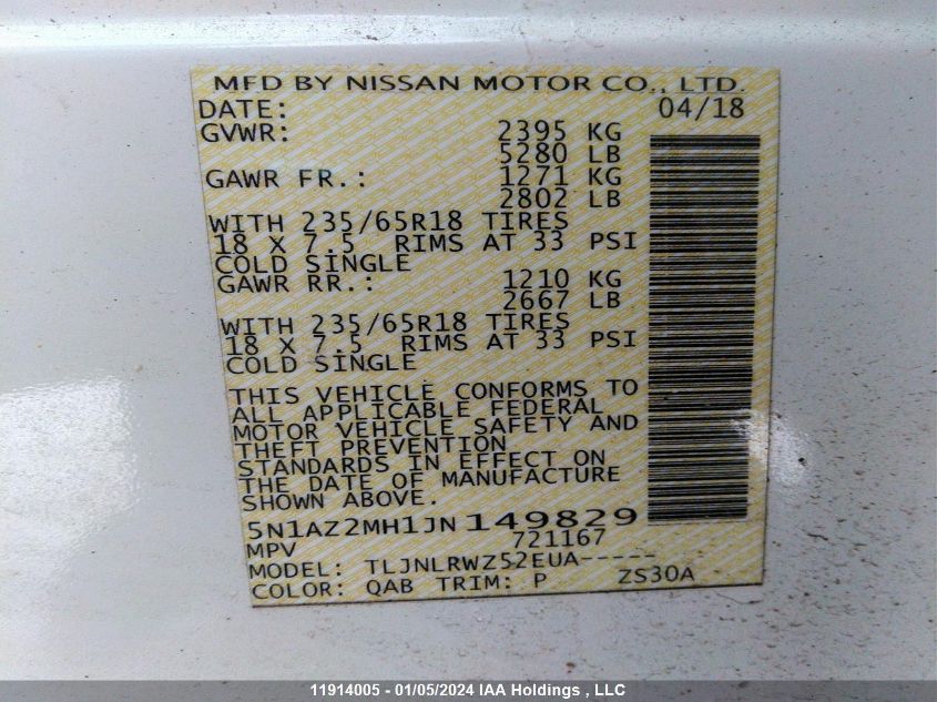 2018 Nissan Murano S/Sl/Sv/Platinum VIN: 5N1AZ2MH1JN149829 Lot: 11914005
